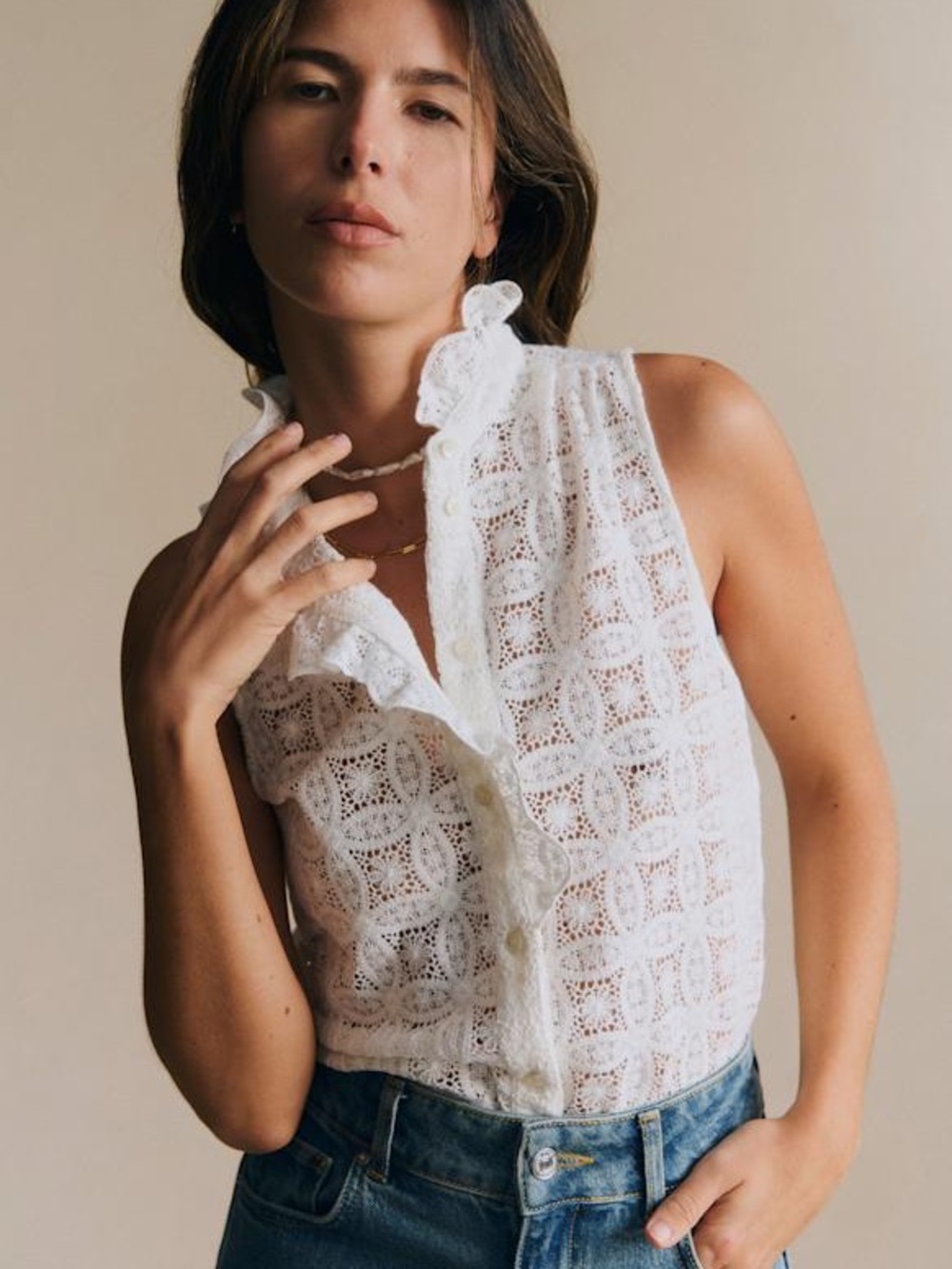 Sezane Celinda Shirt in Ecru Guipure Lace